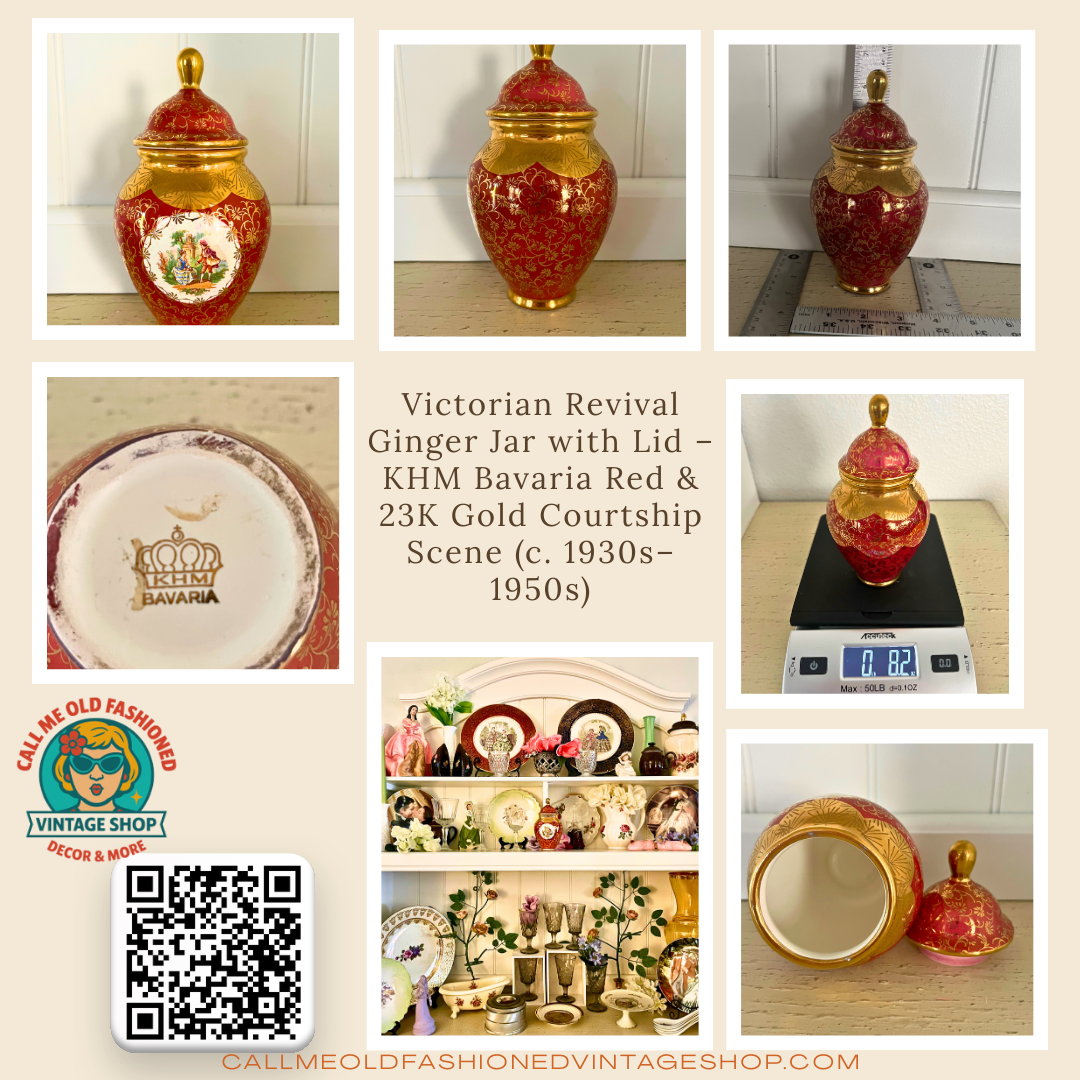 Victorian Revival Ginger Jar with Lid – KHM Bavaria Red & 23K Gold Courtship Scene (c. 1930s–1950s)