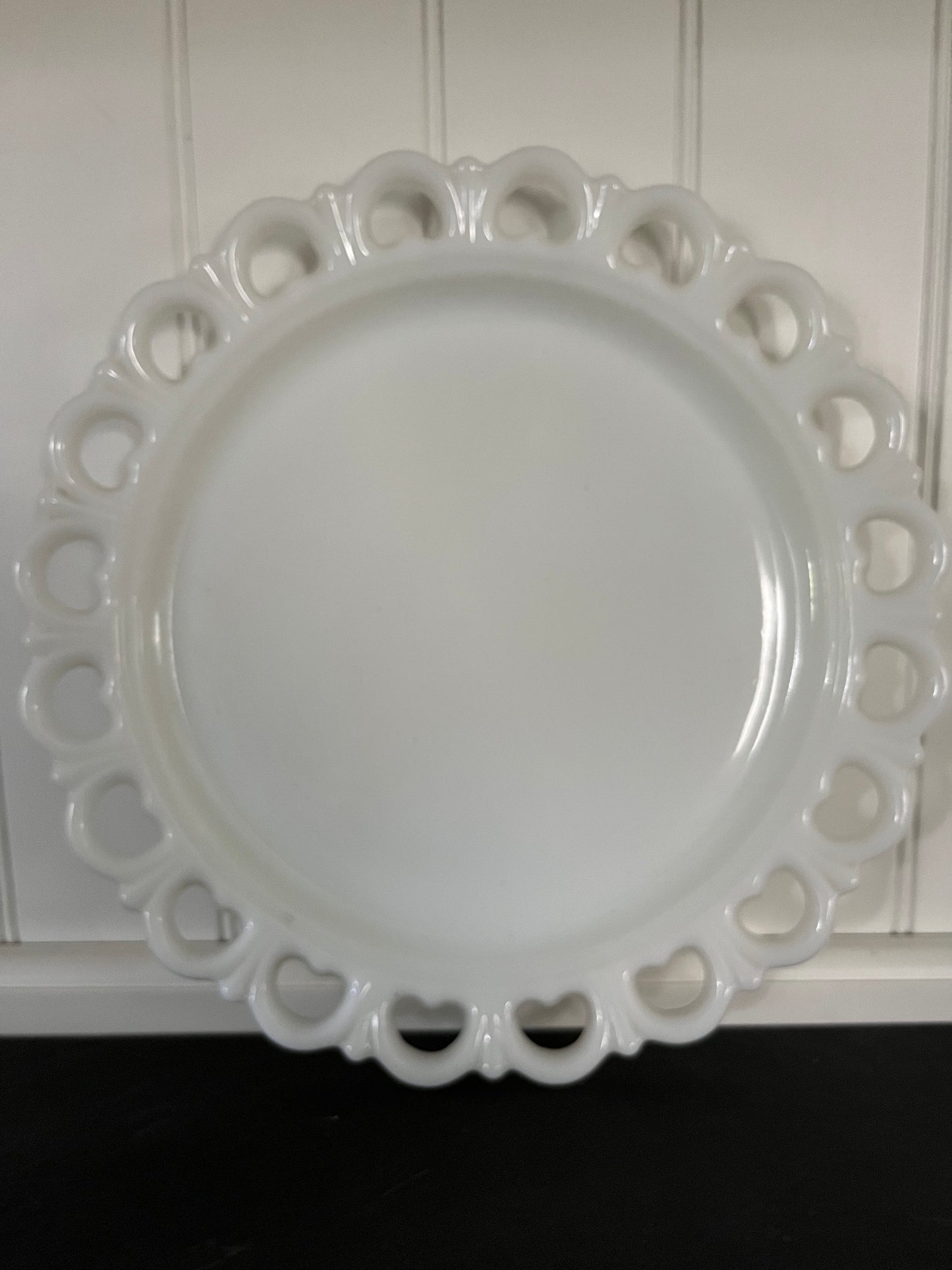Vintage C. 1970’s Anchor Hocking Old Colony Milk Glass Ribbon Paste  Heart Lace Edge Serving Platter Tray