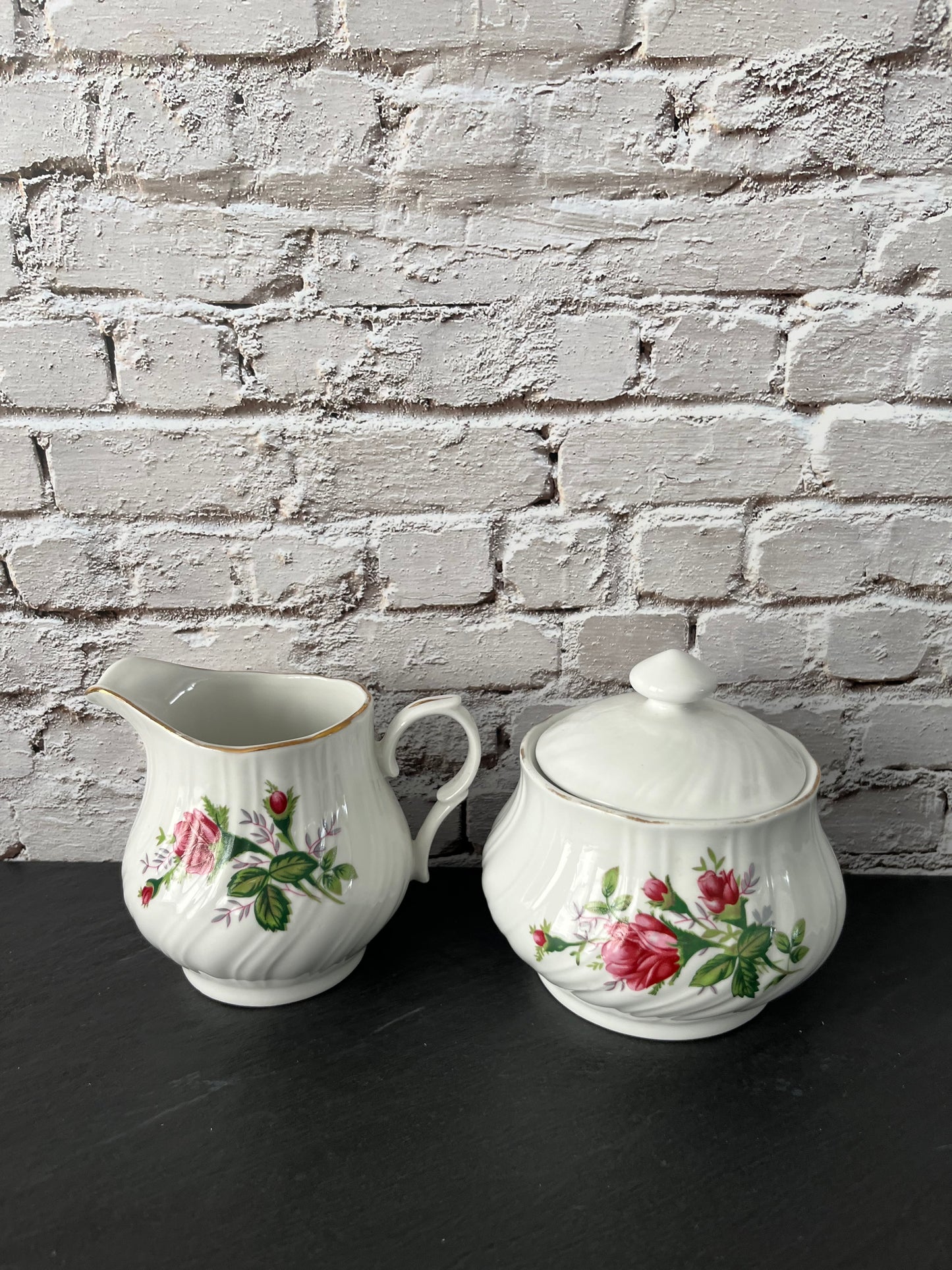 Vintage 1990s Lynns Fine China Rose Creamer & Lidded Sugar Bowl Set – Embossed Ivory with Gold Trim