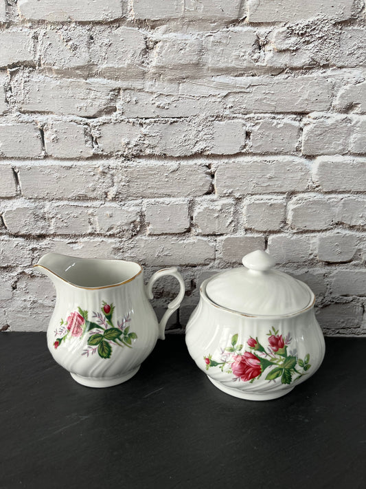 Vintage 1990s Lynns Fine China Rose Creamer & Lidded Sugar Bowl Set – Embossed Ivory with Gold Trim