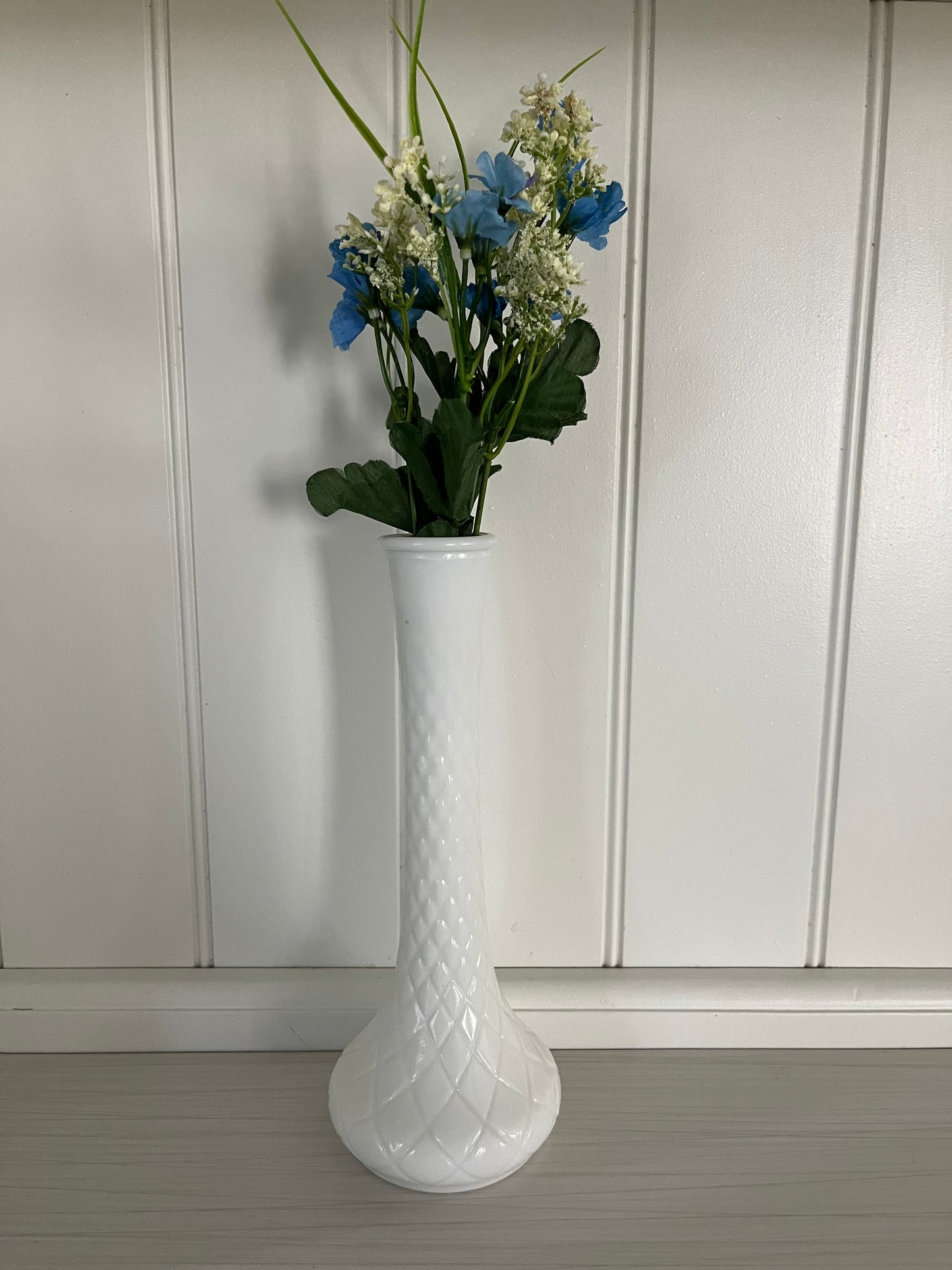 Vintage 1970s Milk Glass Bud Vase – Diamond Quilted Pattern, 9.5” Tall