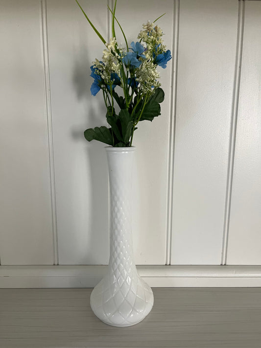 Vintage 1970s Milk Glass Bud Vase – Diamond Quilted Pattern, 9.5” Tall