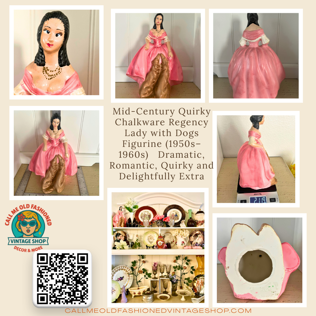 Mid-Century Quirky Chalkware Regency Lady with Dogs Figurine (1950s–1960s) | Dramatic, Romantic, and Delightfully Extra