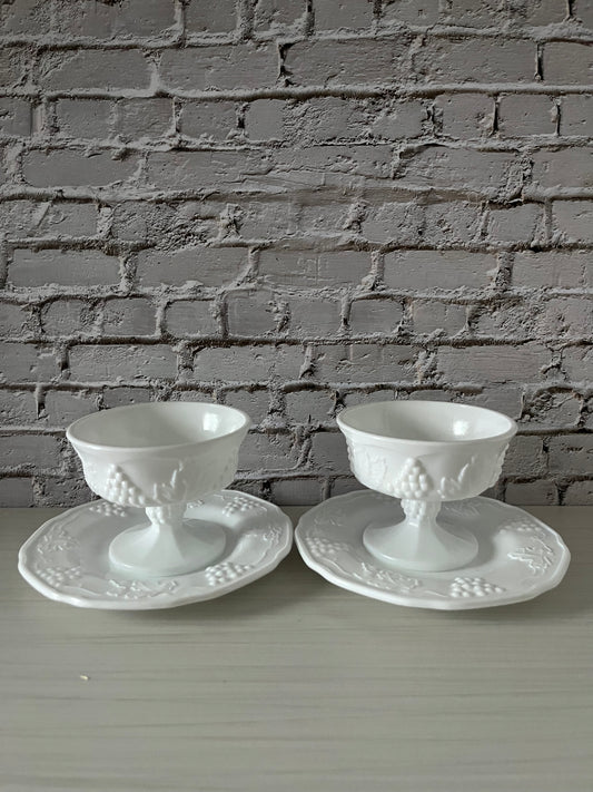 Vintage Indiana Glass “Harvest” Milk Glass Sherbet & Dessert Dish —2 Sets — Grapes & Leaves Pattern (1950s–1980s)