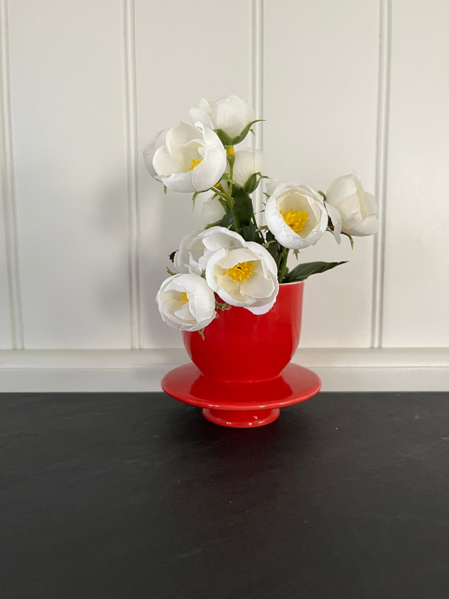 Retro  1970s Red  Pedestal Butter Crock Vessel  Scandinavian Folk Style Ceramic Bowl, No Lid