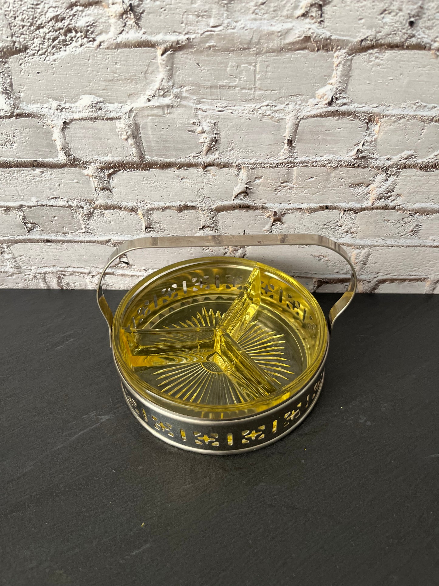 Vintage Yellow Depression Glass Divided Candy Dish with Silver Tone Basket Handle – 3 Section Relish Tray (1950s–1960s)