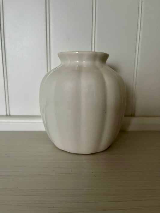 Vintage circa 1990’s  Ivory White Fluted Ceramic Vase | Rounded Cottage Pottery Vase