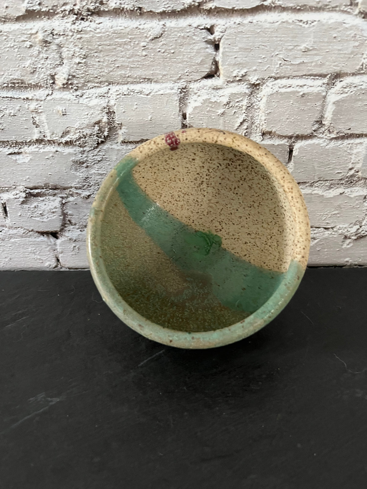 Vintage c1970s Signed Studio Pottery Bowl, Vessel | Green & Speckled Cream Handmade Ceramic