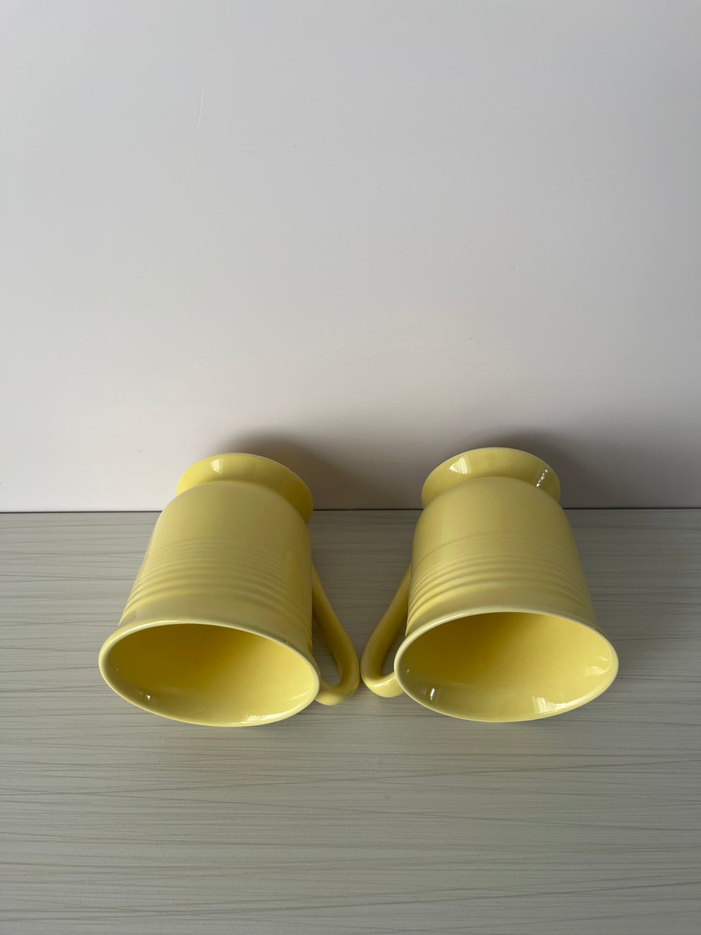 1990s Gibson Everyday Yellow Pedestal Coffee Mugs – Set of 2 Ribbed Footed Stoneware Cups