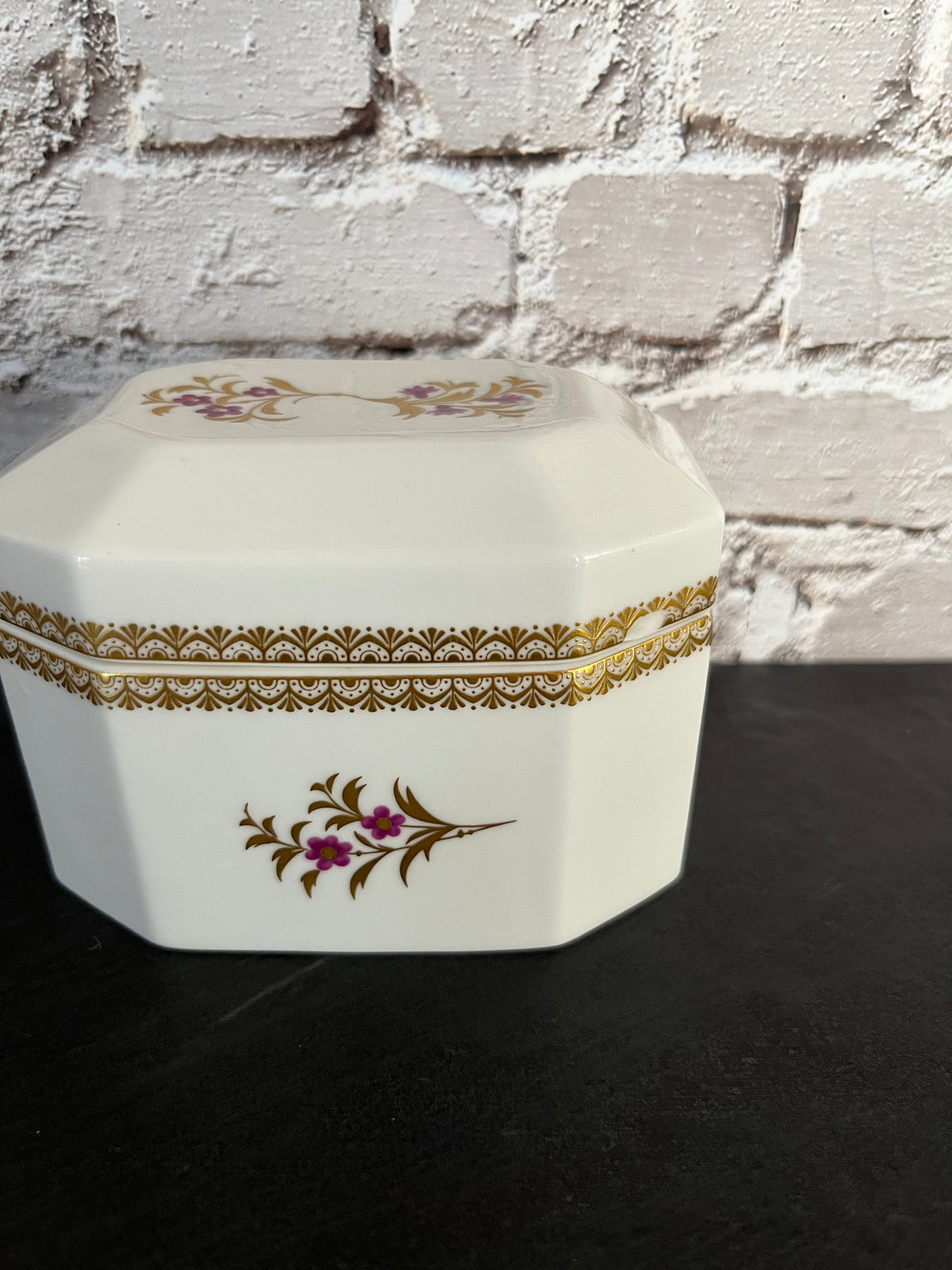 Royal Worcester Purple & Gold Floral Trinket Box – Bone China, Pattern 3853