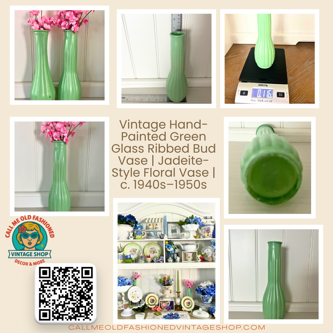 Vintage Hand-Painted Green Glass Ribbed Bud Vase | Jadeite-Style Floral Vase | c. 1940s–1950s