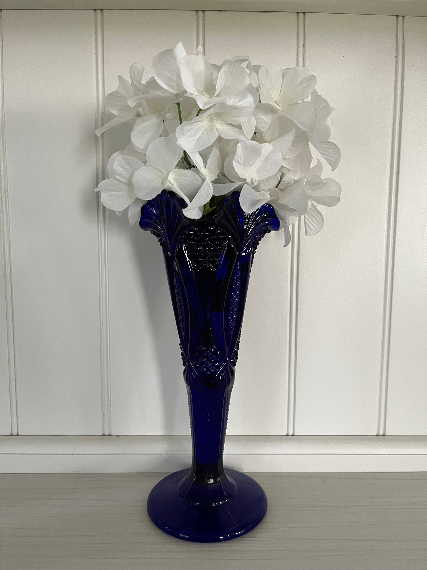 Vintage Cobalt Pressed Glass “Princess Feather” Pedestal Vase — L.E. Smith for Tiara Exclusives, c. 1970s–1980s