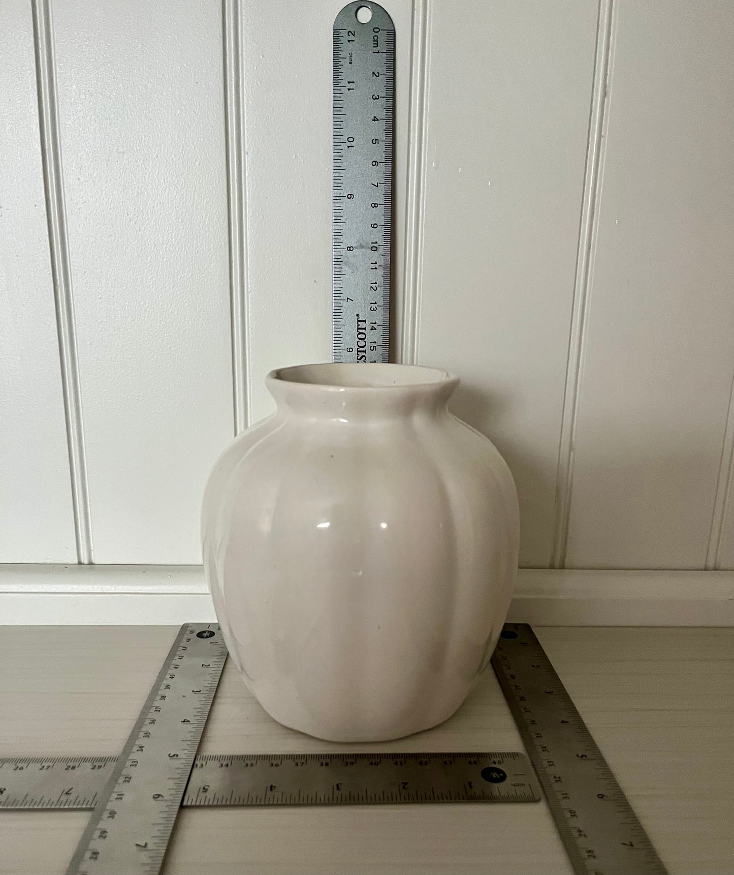 Vintage circa 1990’s  Ivory White Fluted Ceramic Vase | Rounded Cottage Pottery Vase