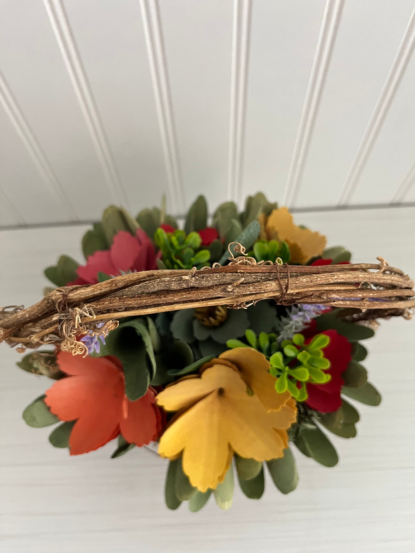 Modern Handcrafted Multicolor Flower Arrangement With Natural Wood Elements in Rustic Woven Basket - 9” Tall