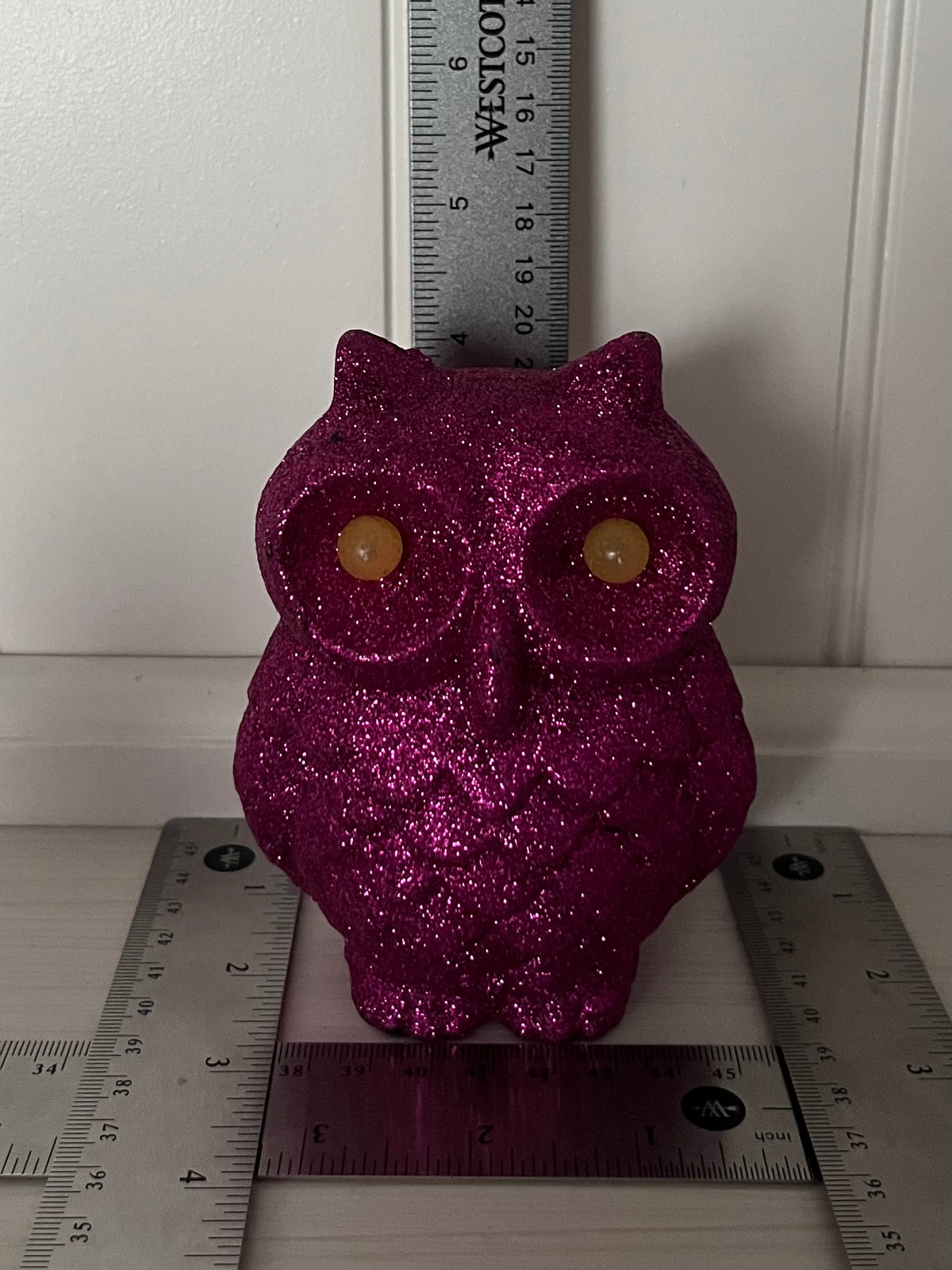 Pair of Glitter Magenta Pink Light-Up Owl Figurines ,  Halloween Décor