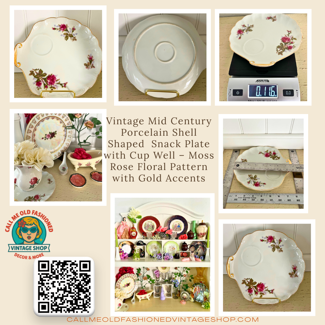 Vintage Mid Century Porcelain Shell Shaped  Snack Plate with Cup Well – Moss Rose Floral Pattern with Gold Accents