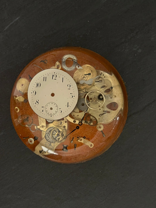 Vintage 1970s Steampunk Resin Clock Parts Paperweight – Embedded Watch Movement Gears Dome Art Object – Retro Desk Decor