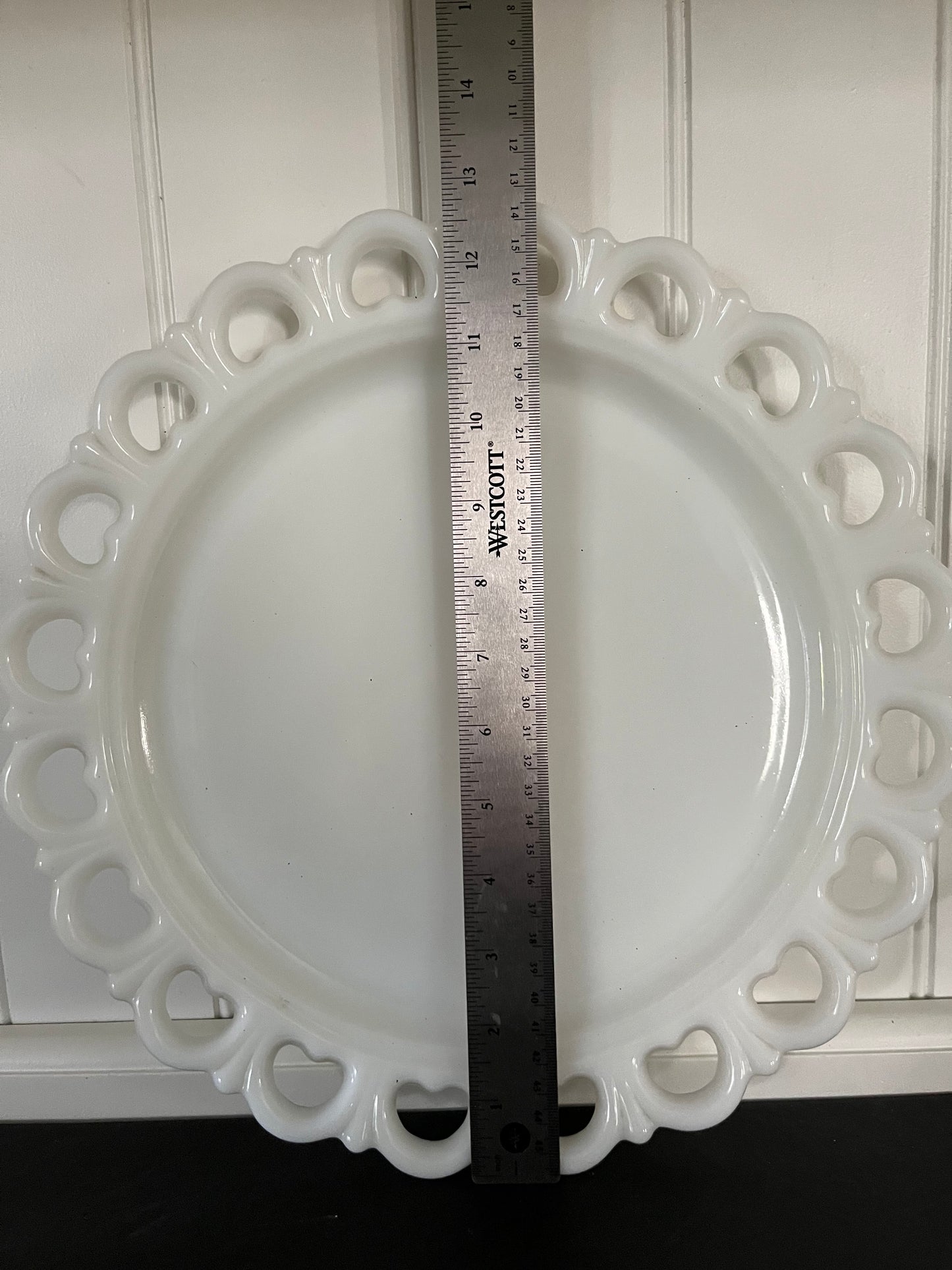 Vintage C. 1970’s Anchor Hocking Old Colony Milk Glass Ribbon Paste  Heart Lace Edge Serving Platter Tray