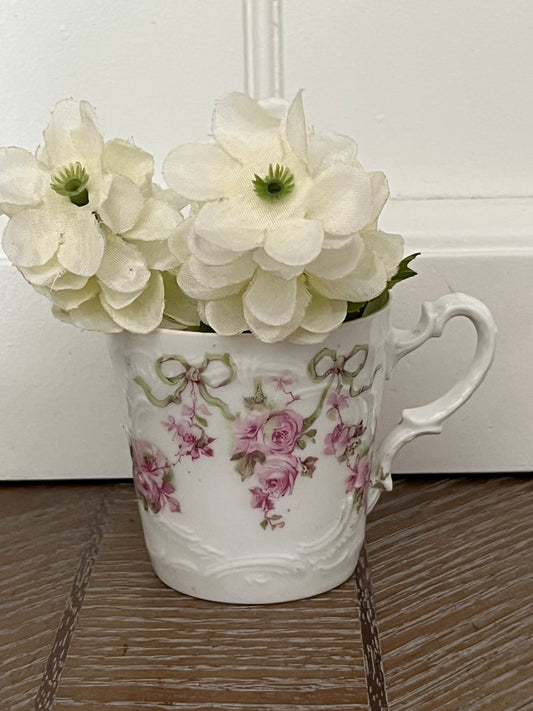 Antique German Porcelain Demitasse Cup – Pink Rose & Ribbon Garland, c. 1890–1910