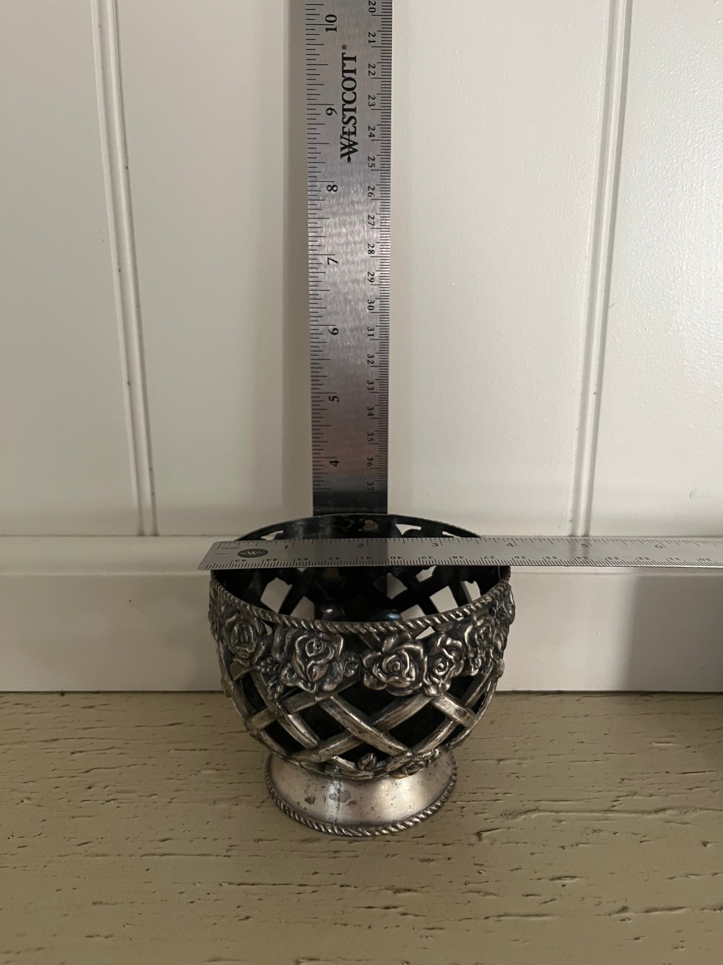 Vintage Rose Lattice Pewter Votive Candle Holder | Heavy Regency Floral Candle Cup (c. 1960s–1970s)