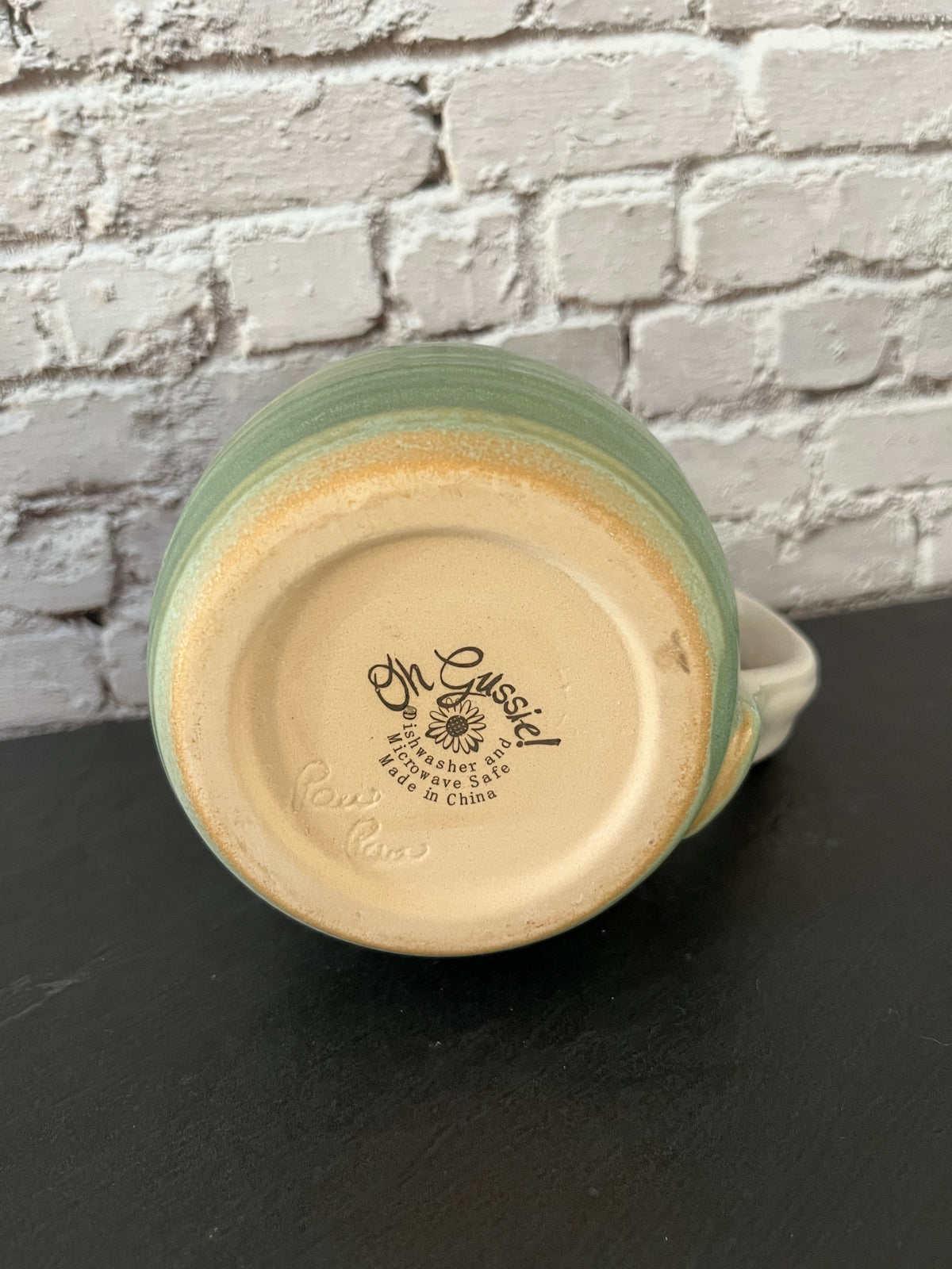 Vintage Style Oh Susie Paw Paw Pottery Green & Cream Glazed Stoneware Handled Vase XL Crock Mug– 5”