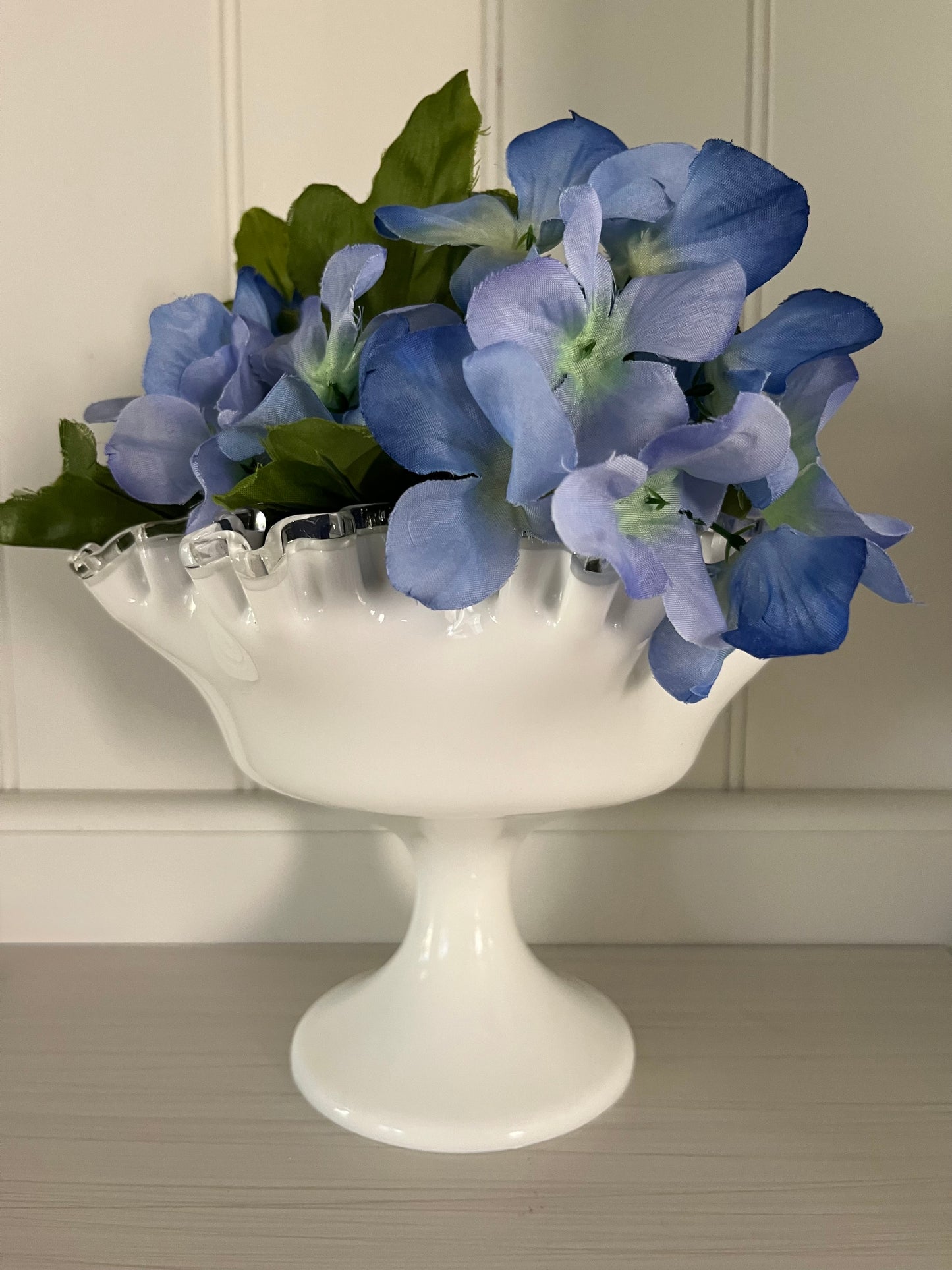 Vintage Fenton Silvercrest Large Ruffled Edge Pedestal Bowl Compote - 1950s White Milk Glass