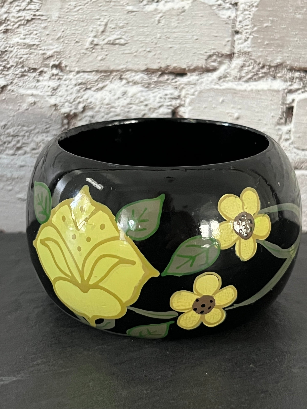 Vintage 1970s Boho Folk Art Hand-Painted Chunky Wooden Bangle Bracelet – Black & Yellow Floral Cuff – 2” small slip-on opening