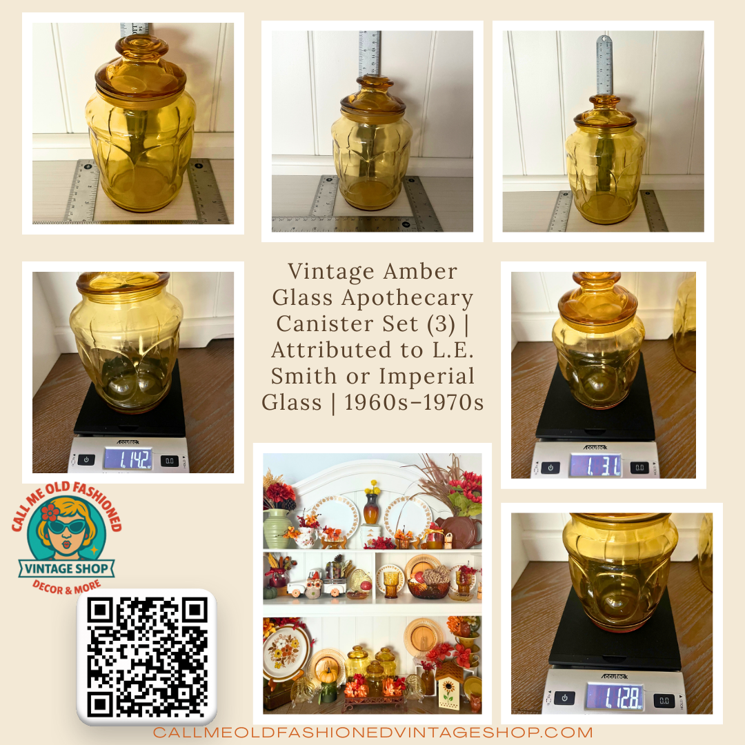 Vintage Amber Glass Apothecary Canister Set (3) L.E. Smith honey amber bubble glass | 1960s–1970s
