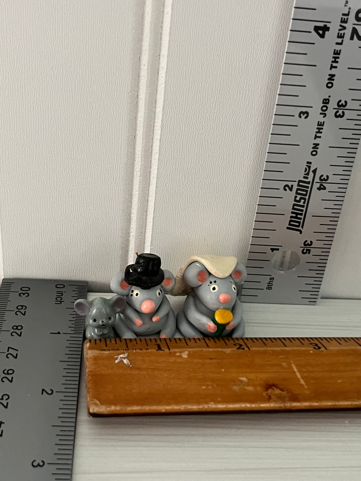 Vintage, circa 1980s Miniature Mouse Family Figurines — Bride & Groom Wedding Mice with Tiny Mouse