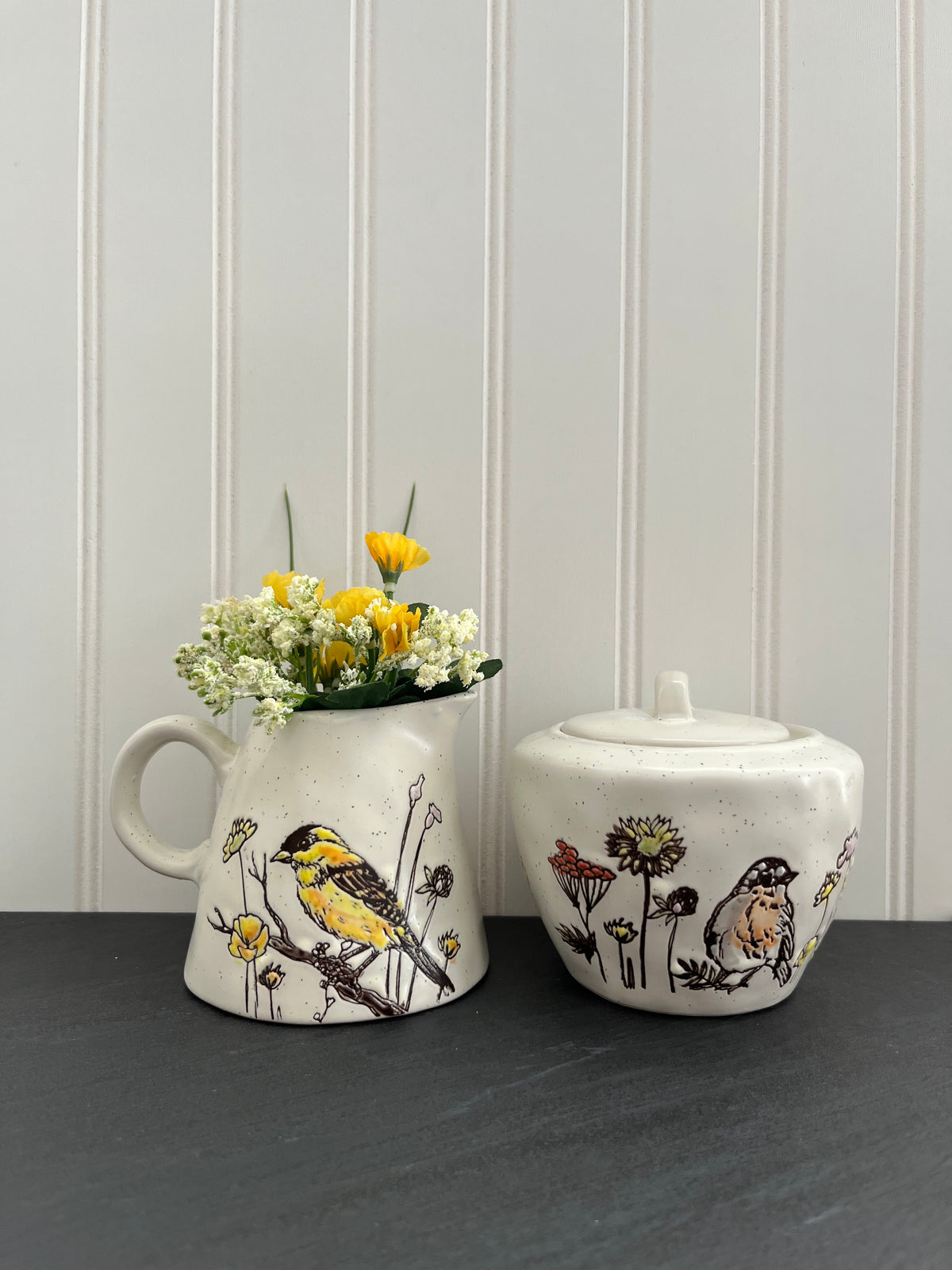 Spectrum Designz Pottery Wildflower Song Birds Creamer & Sugar Set