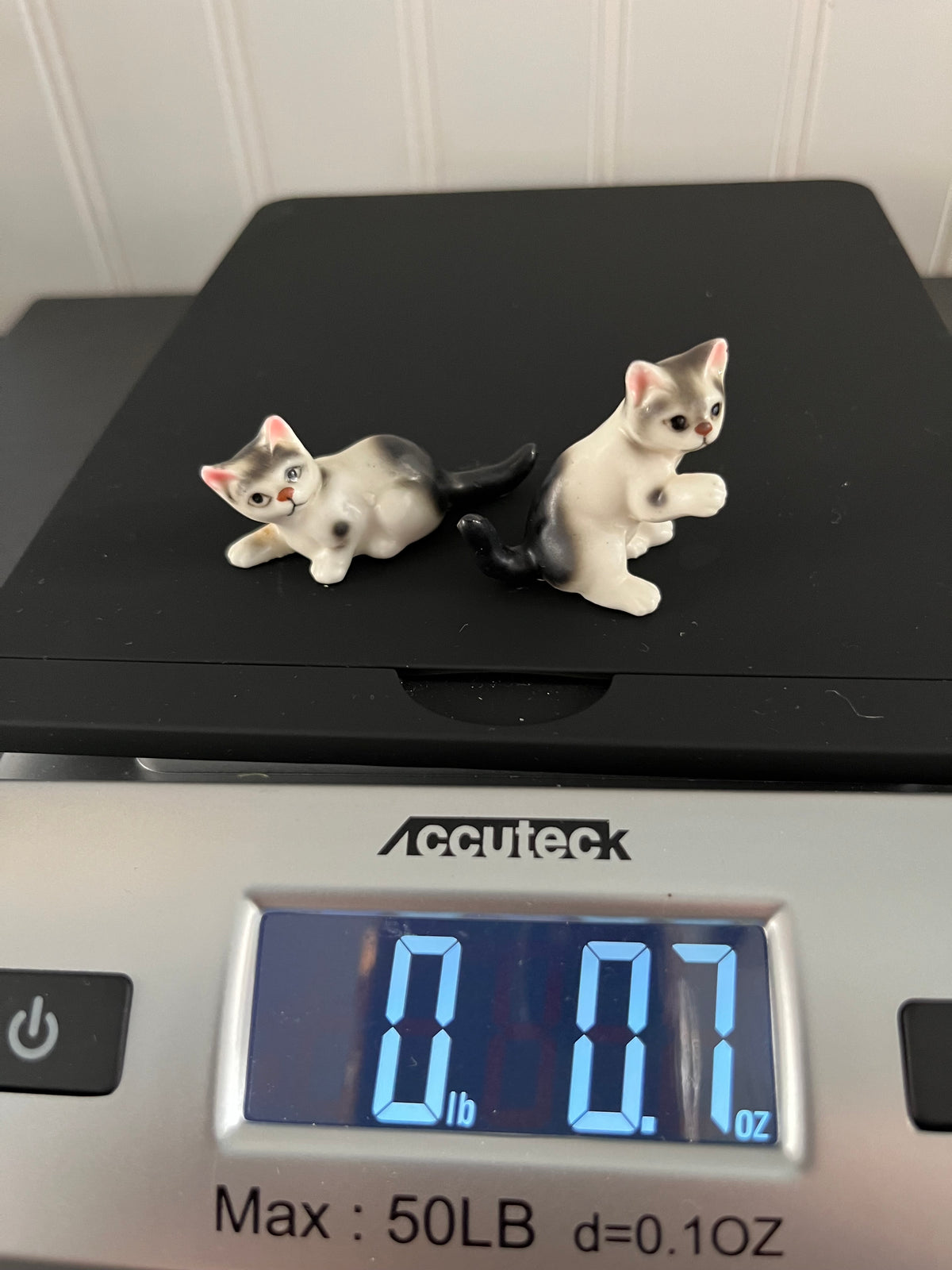 Vintage  c1960’s Kitsch Miniature Gray Black & White Kitten Figurines — Mid-Century Porcelain Cat Pair