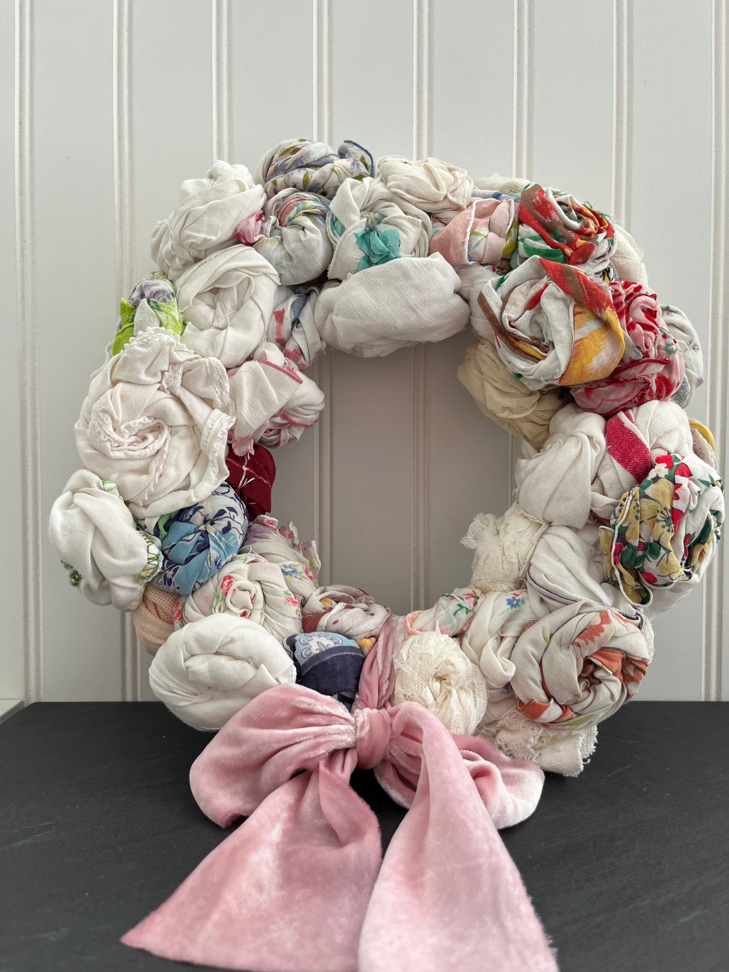 Vintage Shabby Chic Rosette Hankie Wreath with Pink Velveteen Bow