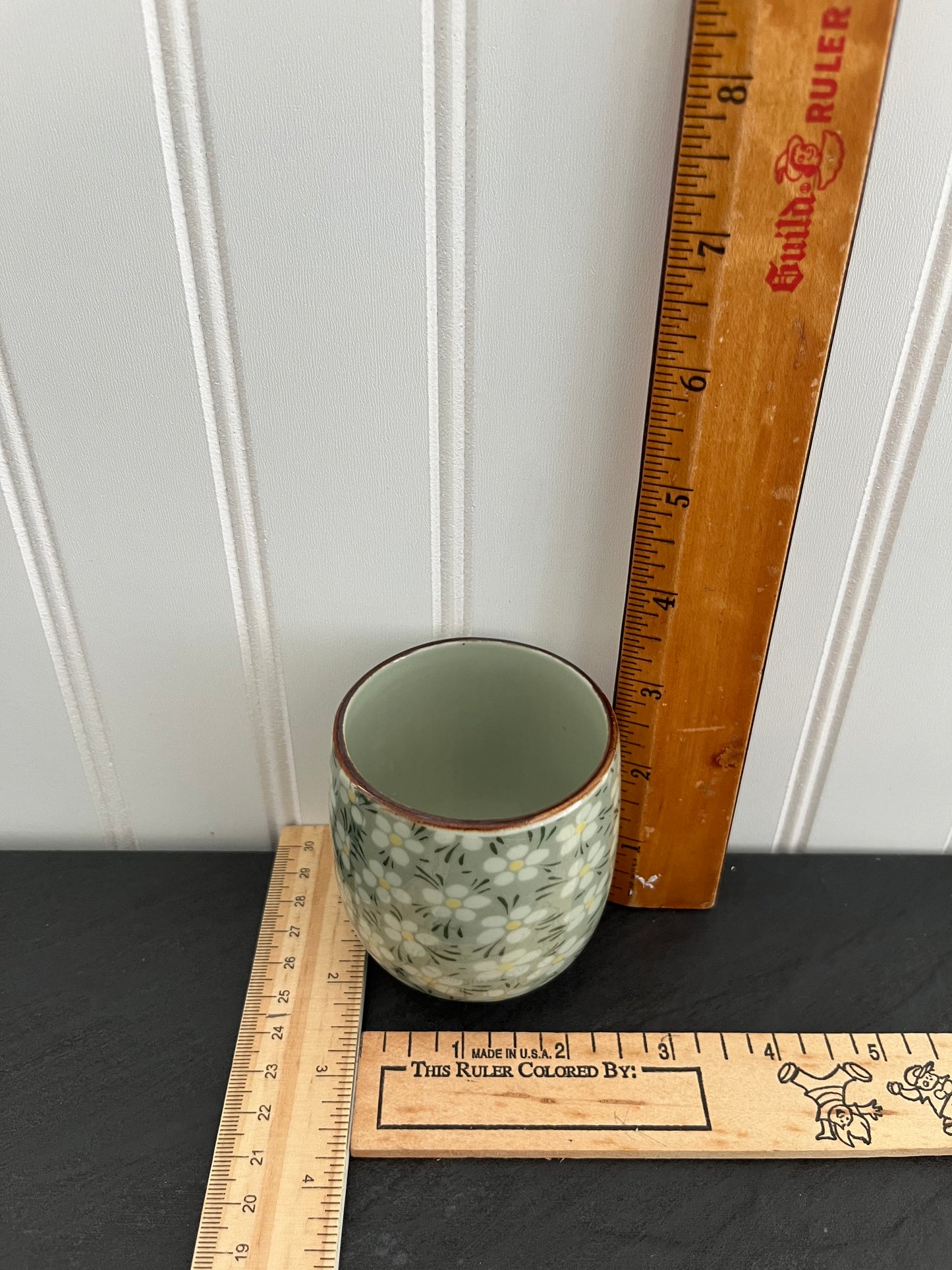 Vintage Japanese Daisy Sage Green Teacup - Asian Style Porcelain Hand Painted Floral Cup