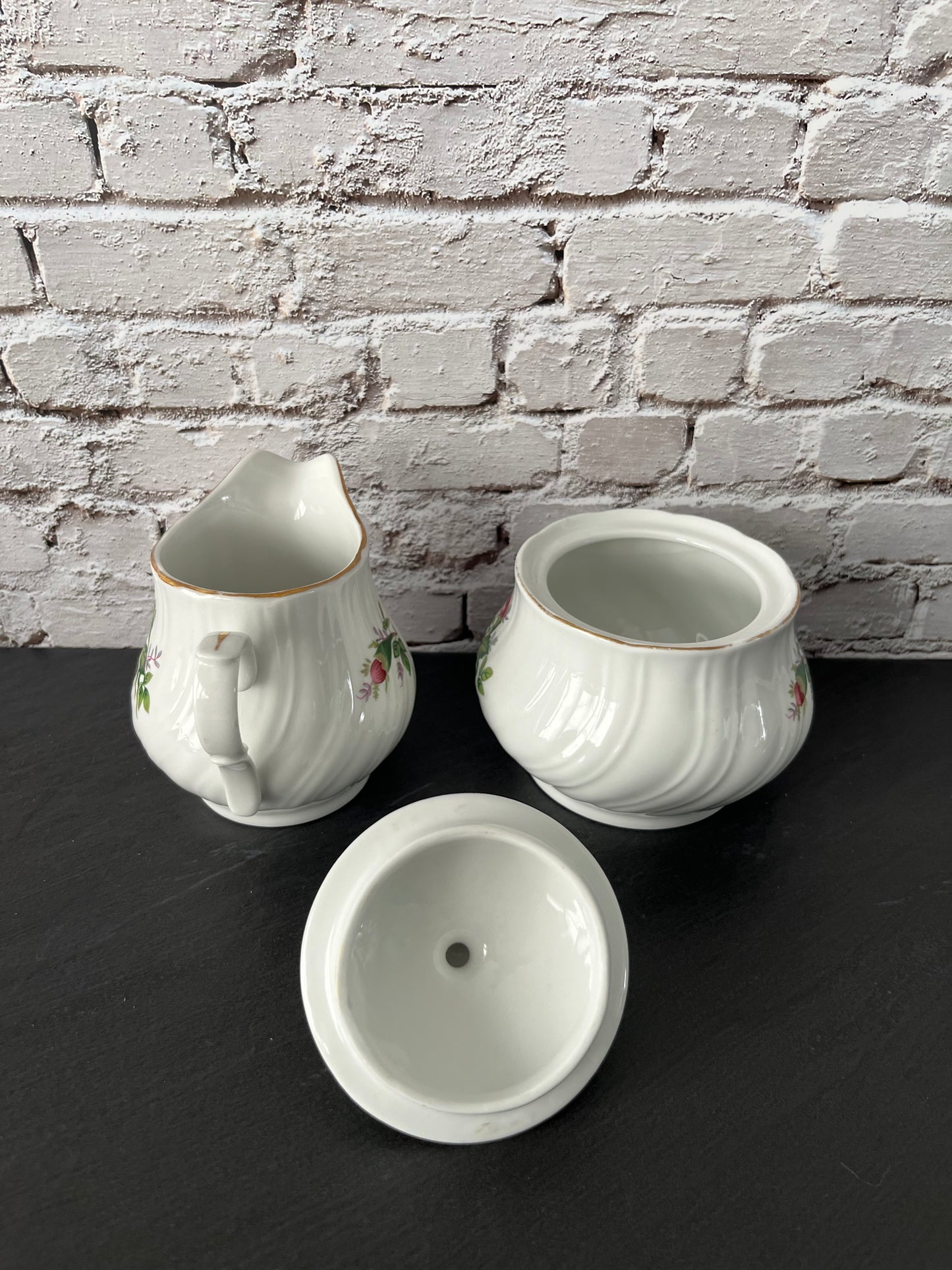 Vintage 1990s Lynns Fine China Rose Creamer & Lidded Sugar Bowl Set – Embossed Ivory with Gold Trim