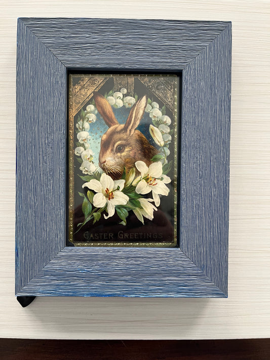 Antique Vintage Early 1900’s Bunny Rabbit Lilies Flowers Gel Gold Gilt Embossed Easter Greetings Postcard in Blue Frame - Made in Germany c1910's