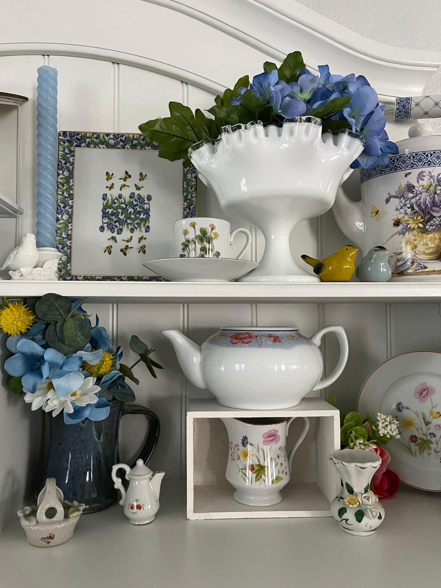 Vintage  L. Long TAO Pink, Yellow, Blue Floral Print Porcelain Tea Pot with Flat Lid