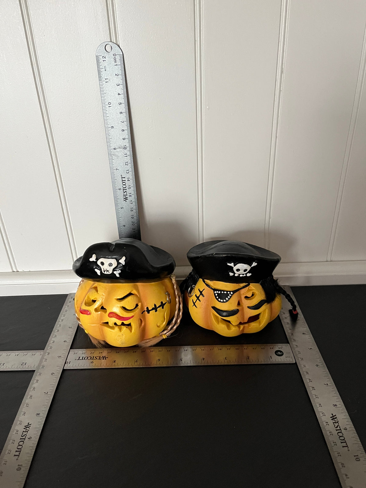 Vintage Light-Up Pirate Pumpkin Pair | Halloween Jack-O’-Lantern Figurines