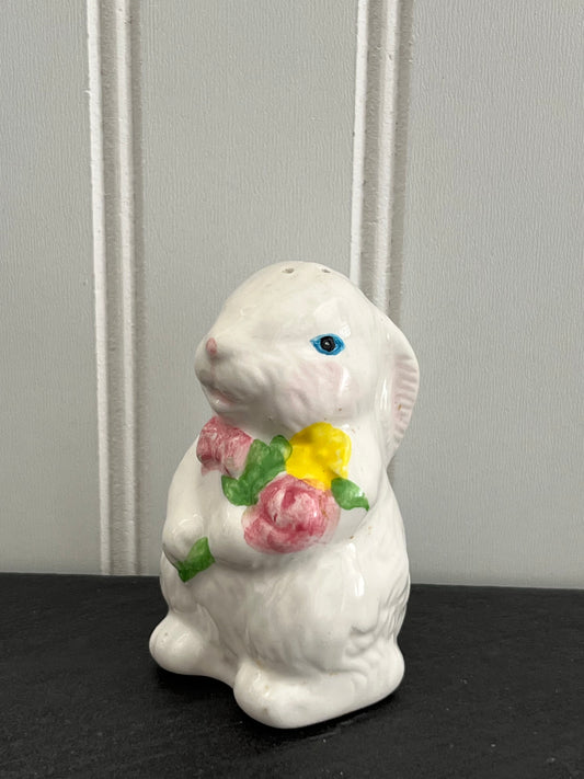 Vintage Single White Bunny Rabbit Salt Shaker with Painted Flowers