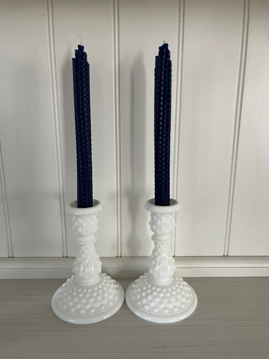 Vintage Fenton 1960’s Art Milk Glass Hobnail 6” Candlesticks - Pair