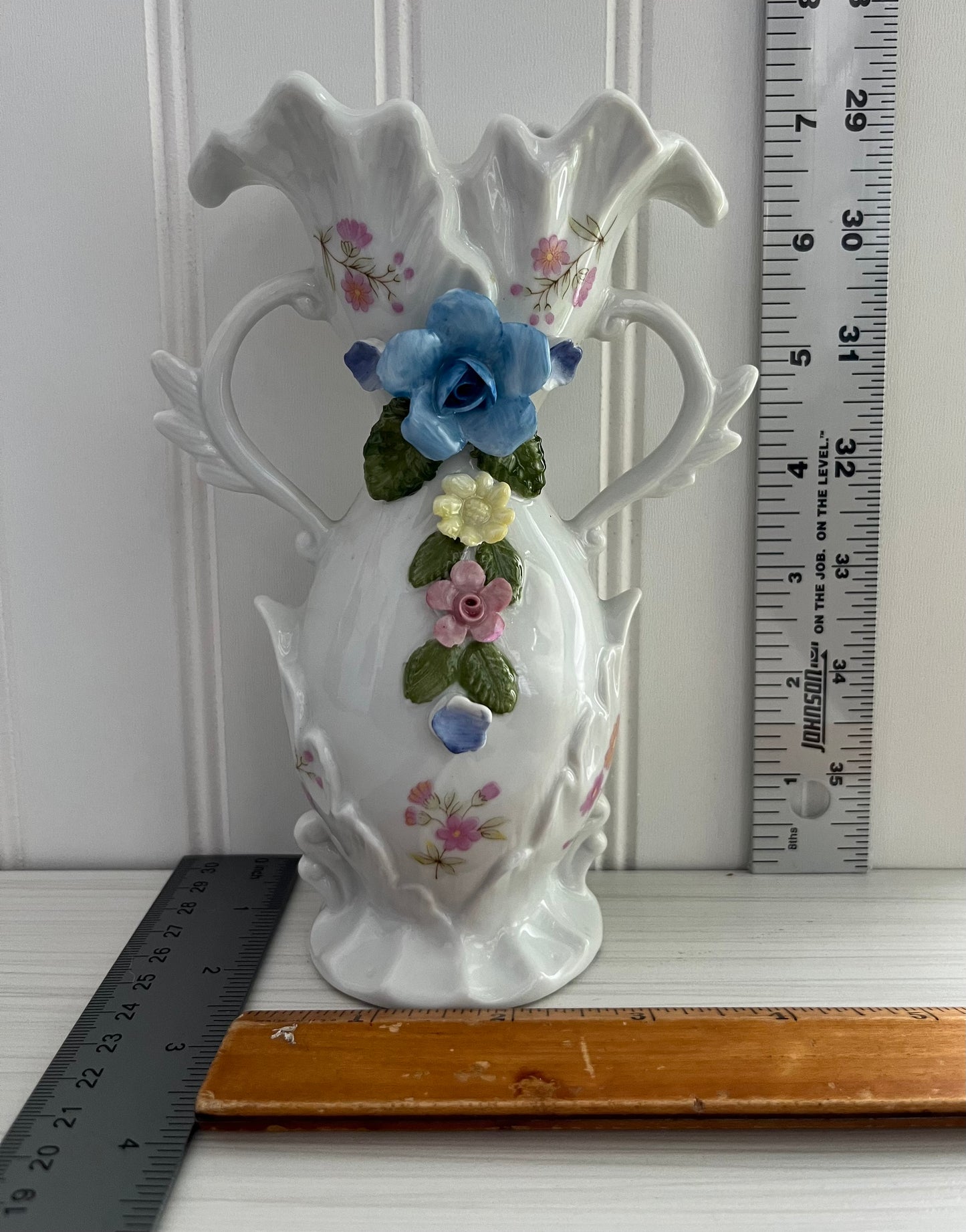 Vintage Victorian Style Fancy Double Handled White Porcelain Vase with 3D Hand-Painted Capodimonte Style Flowers -