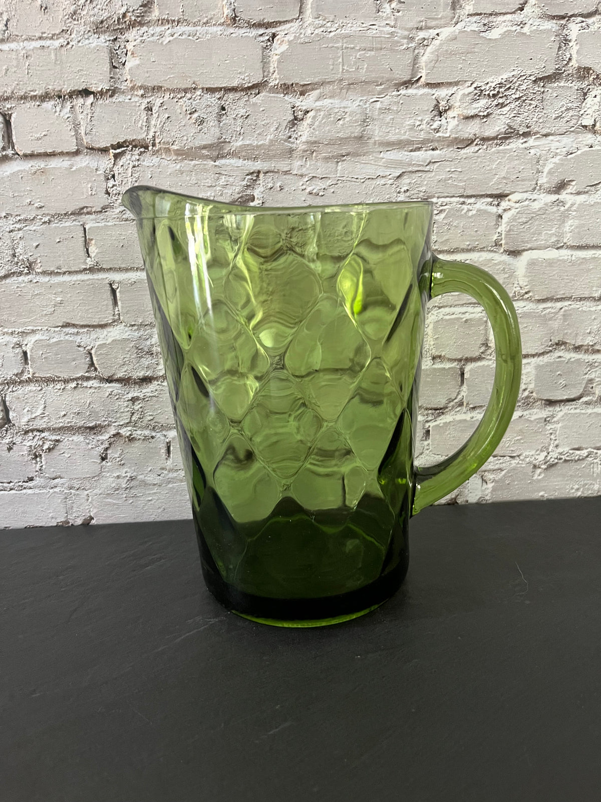 Vintage Hazel Atlas Avocado Green Diamond Glass Pitcher – 1960s