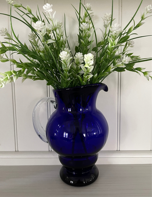 Vintage 1980s Cobalt Blue Glass Water Pitcher with Clear Handle – Hand-Blown Style