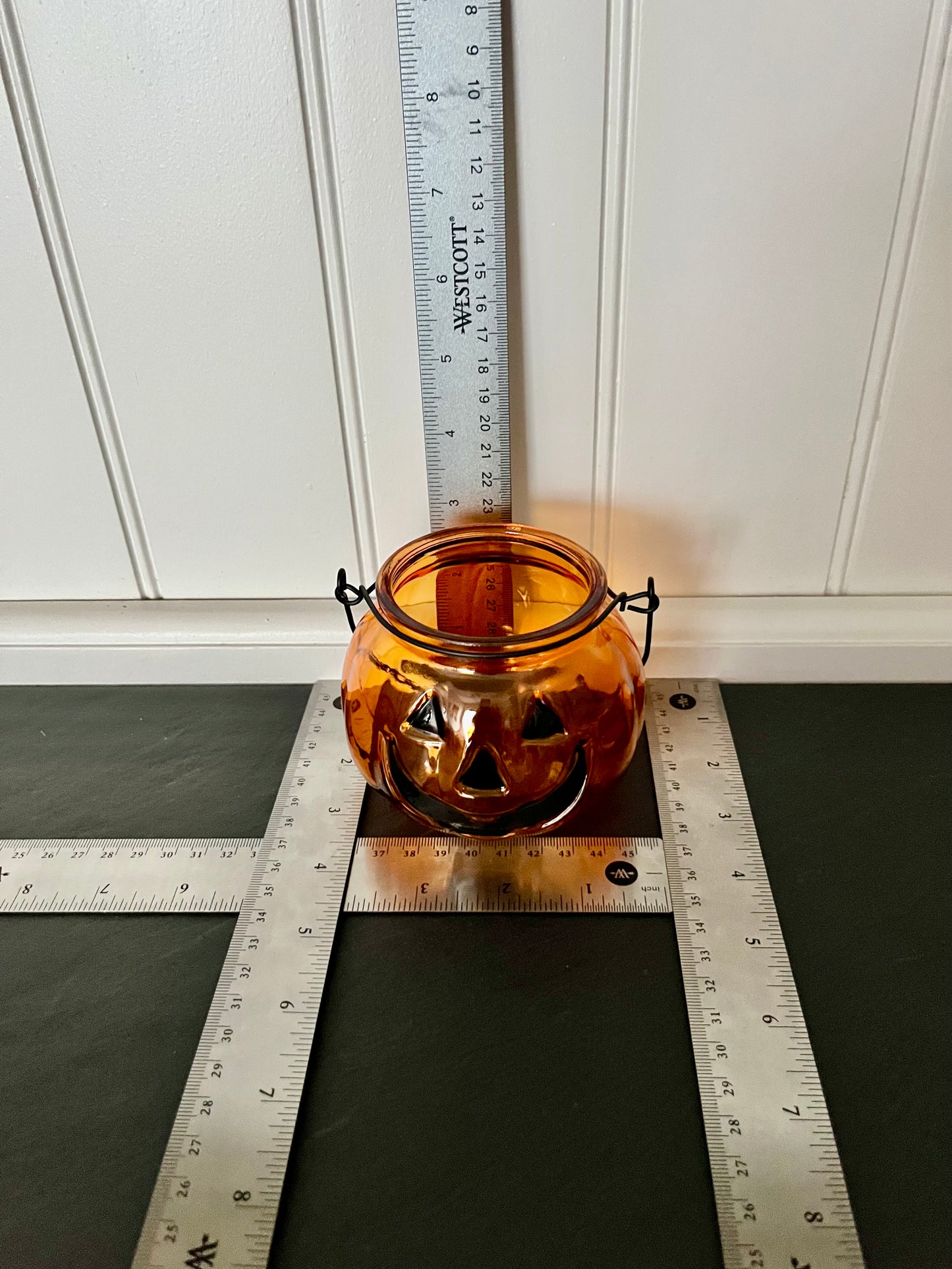 Amber Glass Jack-O’-Lantern Candle Holder | Small Halloween Pumpkin Pail, Curated Shelf & Trinket Display Décor