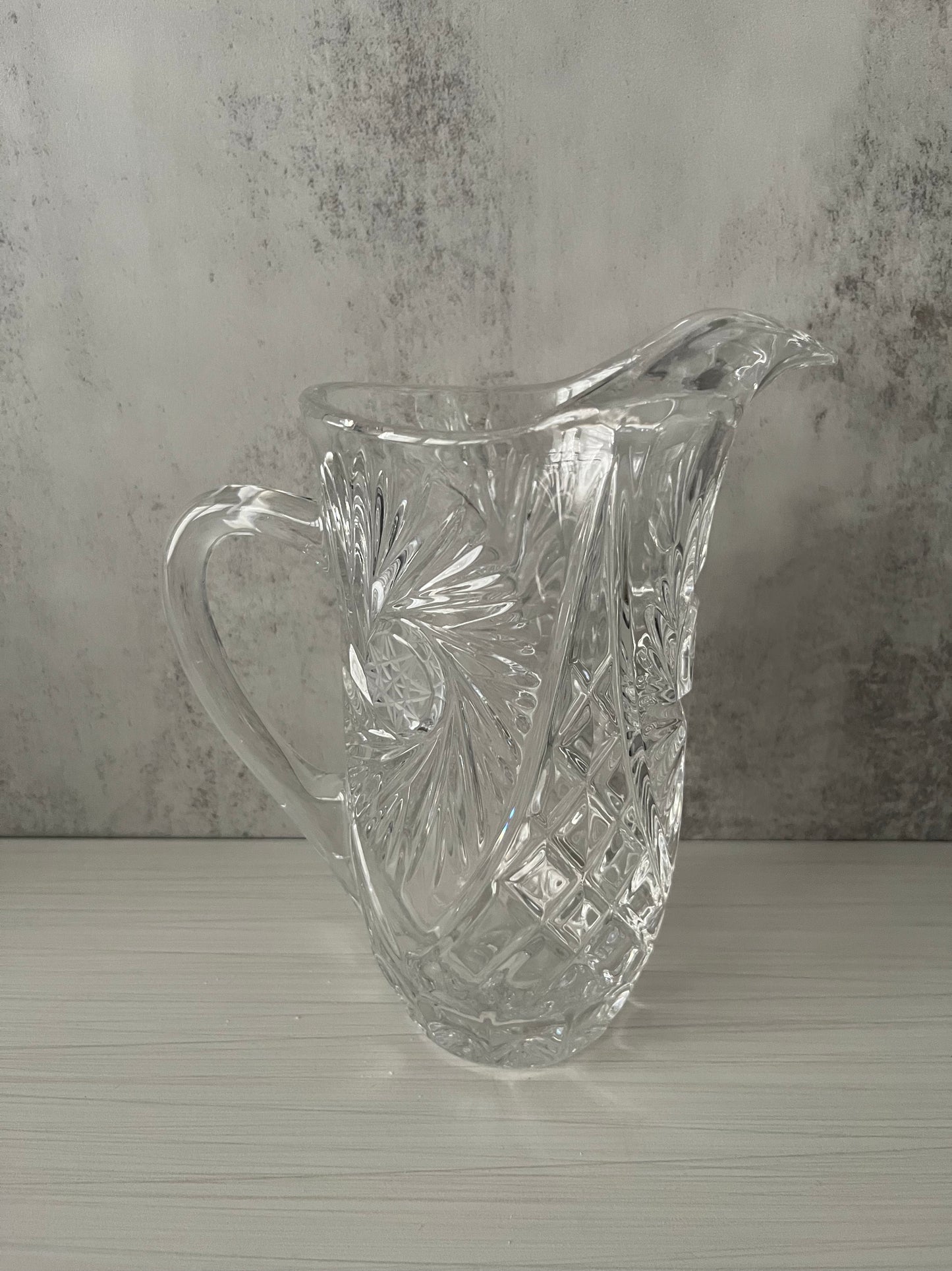 Vintage Cut Crystal Pitcher – Pinwheel Hobstar Brunswick Pattern – 8” Clear Crystal Water or Juice Pitcher – Mid Century Glassware
