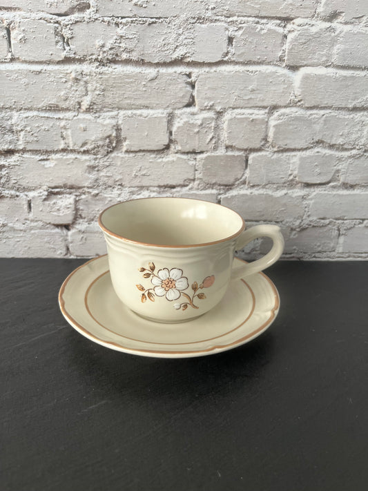 Vintage 1970s Covington Edition Stoneware Teacup & Saucer Set – Japan – Cream Floral Cottage Core