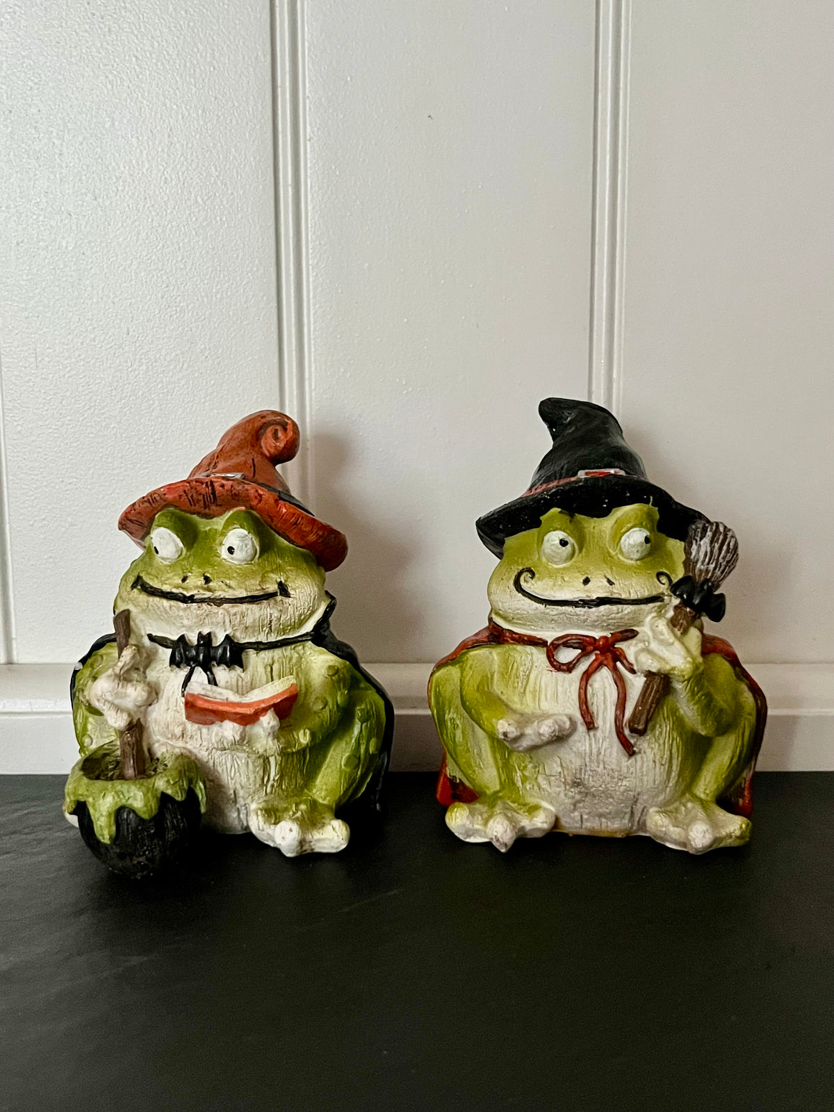 Retro circa 2010 Small Ashland Halloween Frog Witch Figurines Pair | Witch & Wizard Toads with Cauldron & Broom, Curated Shelf & Trinket Display Décor