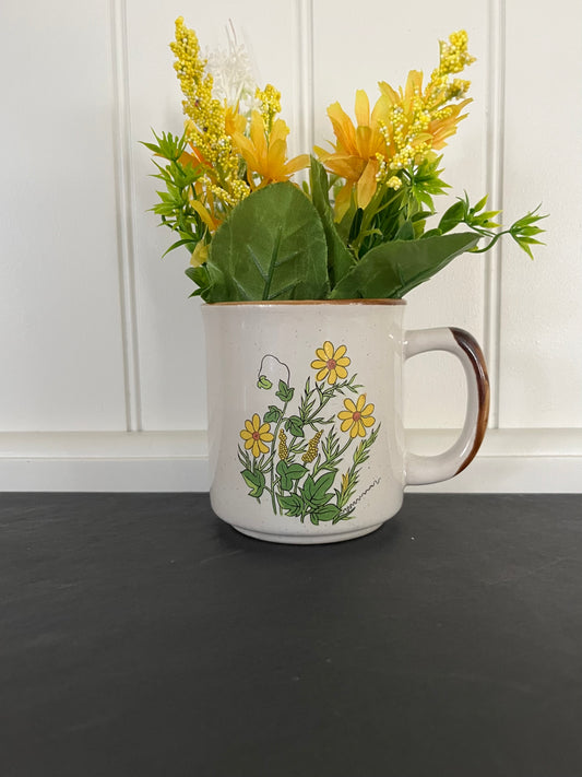Vintage Floral Brown Speckled Stoneware Mug | 1970s Country Kitchen Coffee Cup | Yellow Daisy Cottagecore Mug | Rustic Farmhouse Drinkware