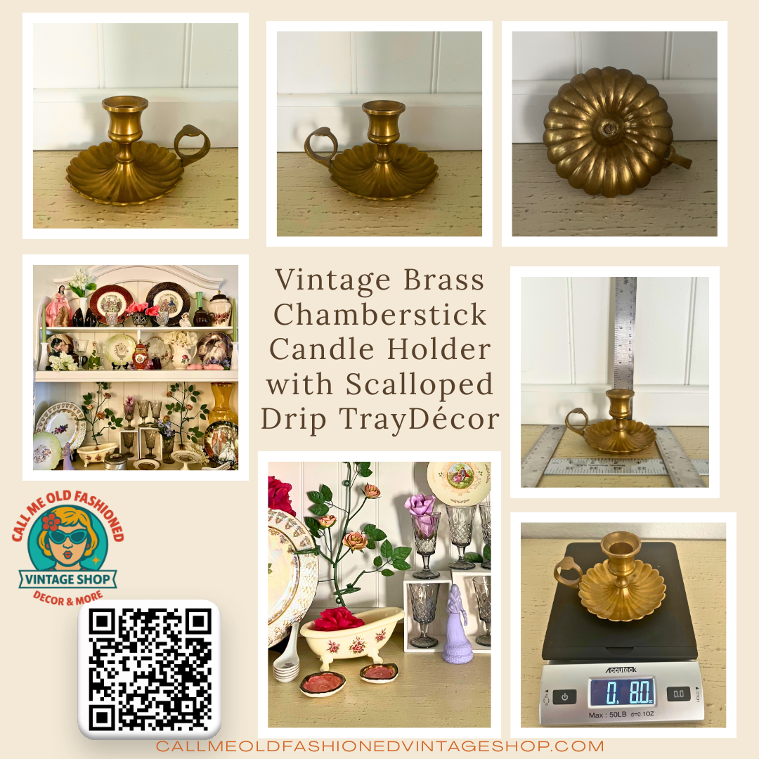 Mid-century Brass Chamberstick Candle Holder with Scalloped Shell Shape Drip Tray & Finger Loop, Regency revival style