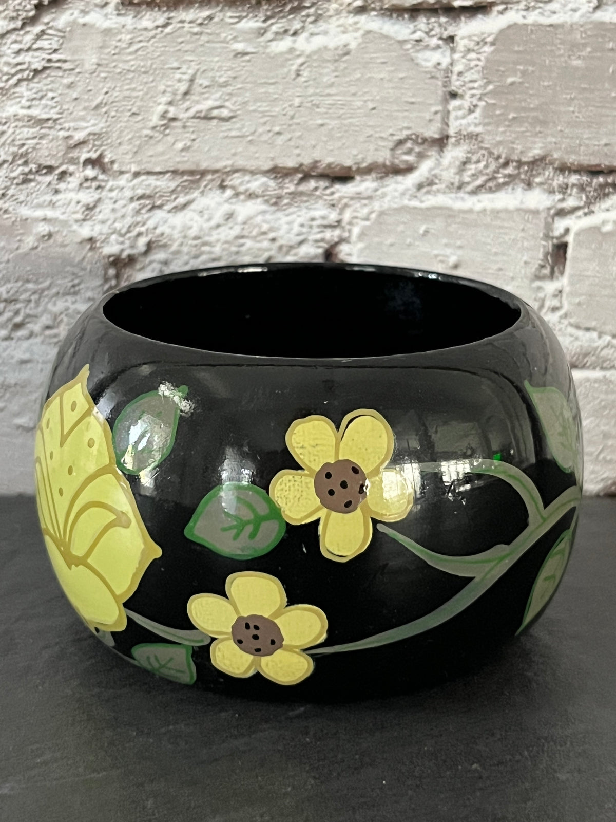 Vintage 1970s Boho Folk Art Hand-Painted Chunky Wooden Bangle Bracelet – Black & Yellow Floral Cuff – 2” small slip-on opening