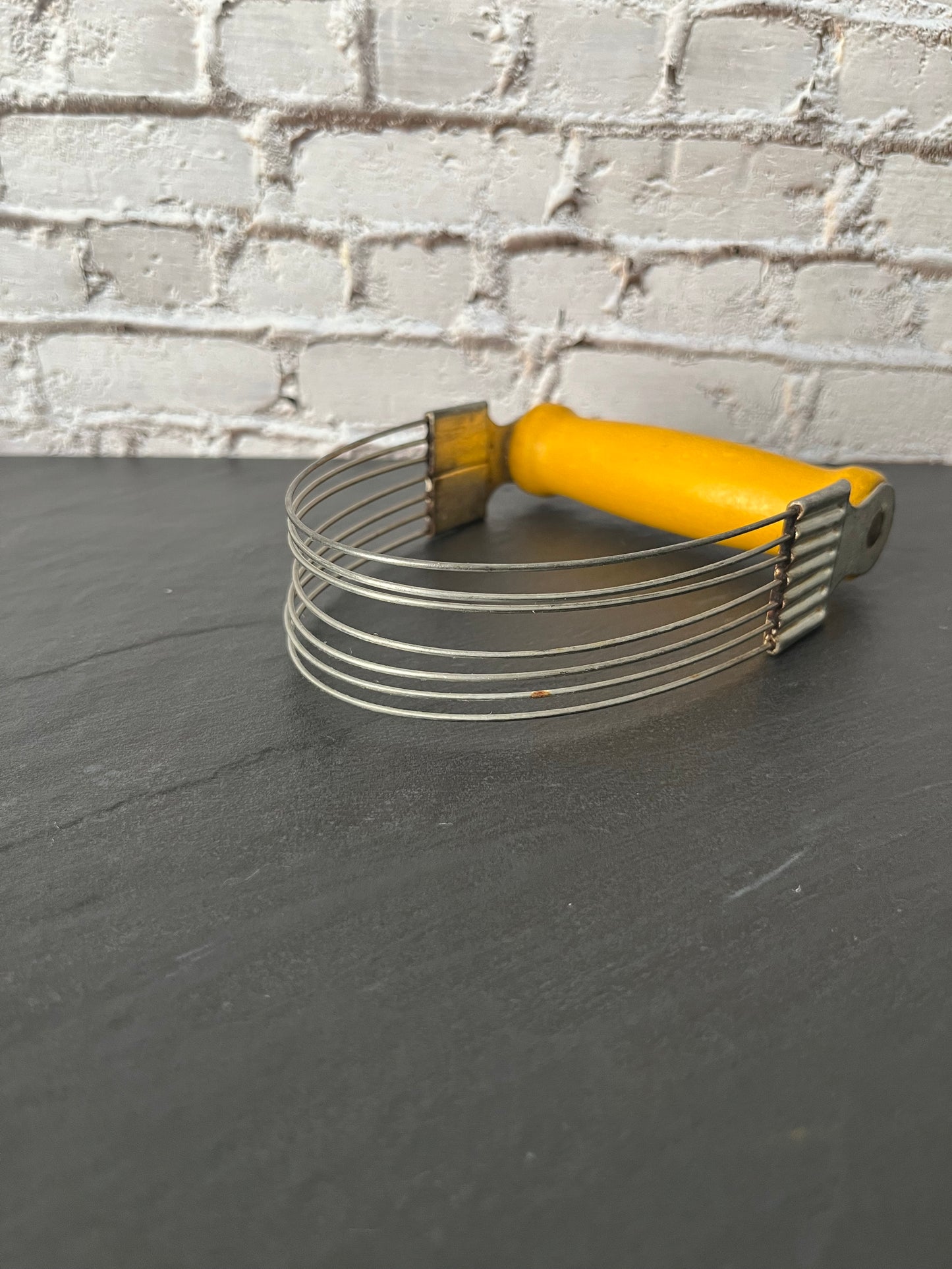 Vintage Androck “Rapid Shortening Mixer” Pastry Blender, c. 1940s Yellow Painted Wood Handle, Dough Cutter Baking Tool, Sunnyvale Yellow Kitchen